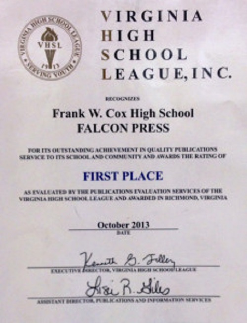 VHSL RECENTLY AWARDED the Falcon Press newspaper 1st place in the state for the third year in a row.