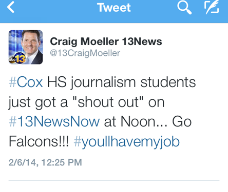 JOURNALISM STUDENTS FROM the school received a shout out on Channel 13 News at Noon.
