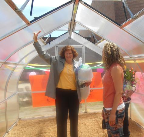 PRINCIPAL DR. RANDI Riesbeck and teacher Morghan Bosch check out the inside of the school's new greenhouse.