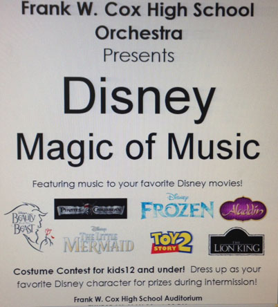 FALCON ORCHESTRA WILL present "Disney:  Magic of Music on Thursday, May 22 in the school's Garrett Auditorium.