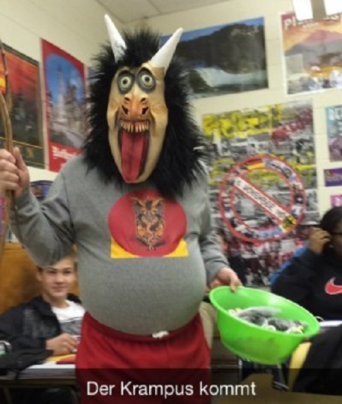 GERMAN TEACHER LARRY Becker shows students the true meaning of Krampus.