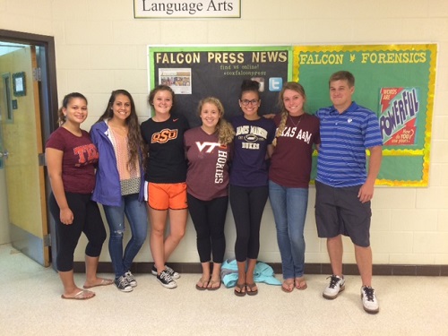 SENIORS JOY HARTMAN, Caroline Davis, Bayli Cook, Lauren Harris, Katie Harrell, Elania Hitchcock, and Collin Sherman show off their college t-shirts. 