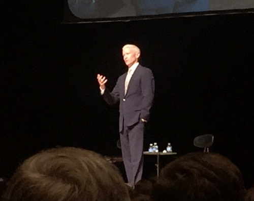 NEWS ANCHOR ANDERSON Cooper addresses the audience, answering questions the audience posed through the Norfolk Forum Facebook page.