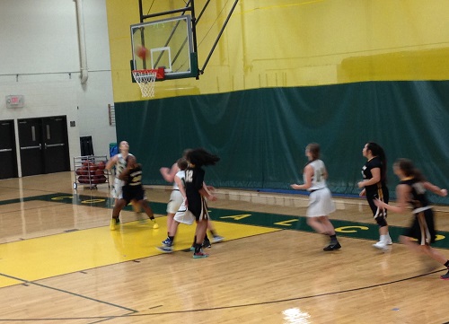 LADY FALCONS BASKETBALL works defense against the opposing team.