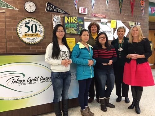 FALCON CREDIT UNION interns also include Vicki Chen, Zinnia Lin, and Lena Lin, who pose with Dr. Riesbeck, Mrs. Colden, and sponsor Amy Courtwright.