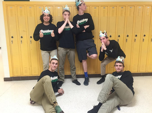 LAST YEAR'S BROADWAY Bound  Boys prepared to strut their stuff for the Mr. Cox pageant. Left to right: Brad Creamer, Nic Zarate, Adam Hibben, Greg Hahn, David Broome, Adam Hibben.