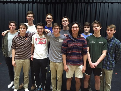 BROADWAY BOUND BOYS prepare to strut their stuff for the Mr. Cox pageant. From left to right: David Broome, Peter Sterling, Greg Hahn, Dominic Spagnolo, Brad Creamer, Jacob Dobrow, Cole Johnson, Nic Zarate, Riley Baker, Adam Hibben, and Axel Rasmussen.