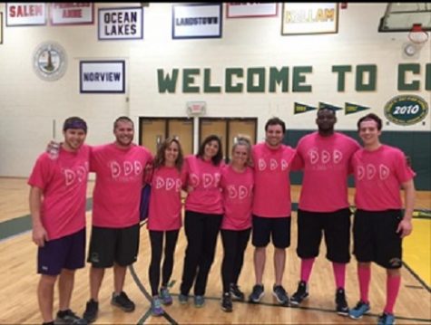 TEACHERS REPRESENT FACULTY and staff in the recent dodge ball tournament to raise awareness for breast cancer.