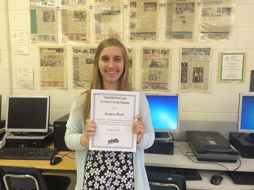 SENIOR JESSICA PECK was recently chosen as VHSLs Col. Charles E. Savedge Scholarship award winner as the schools student journalist of the year.