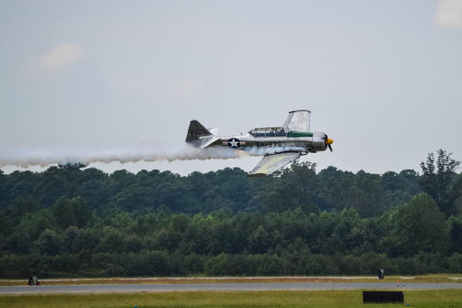 A SKYTYPER MAKES a low pass before the crowd