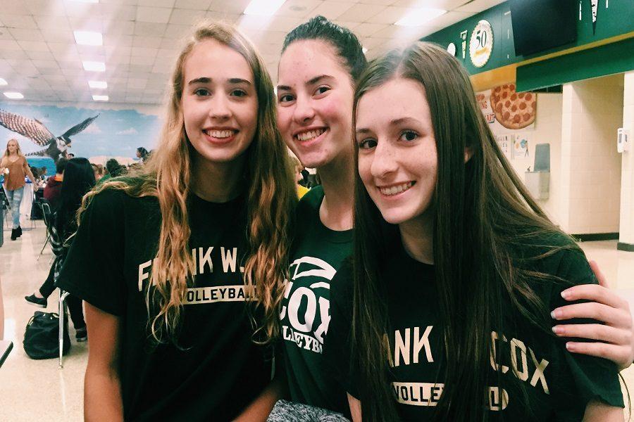 SOPHMORES GRACIE JOHNSON, Rachel Humphrey and Ashley Brunick wearing green to support color wars.