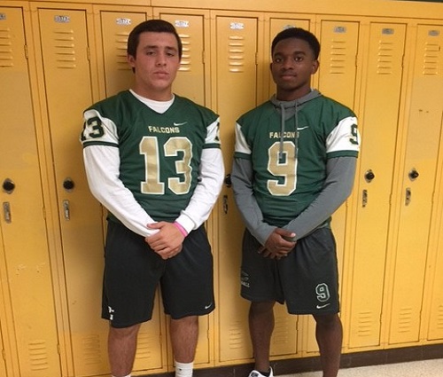 SOPHOMORE FOOTBALL PLAYERS (L-R) Cameron Wallace and Tayvion Robinson speak about their game against Ocean Lakes HS tonight.