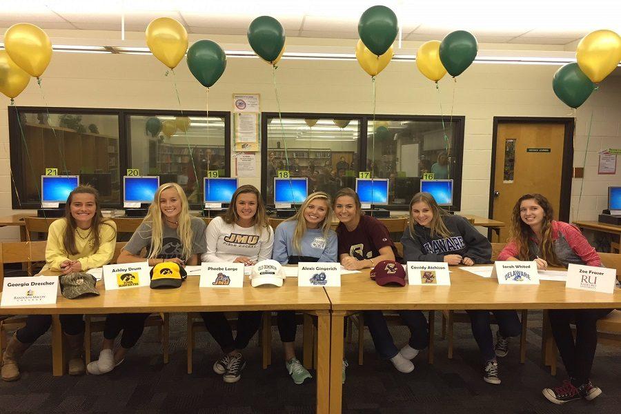 LADY FALCON FIELD hockey and tennis players signed National Letters of Intent today in the library.