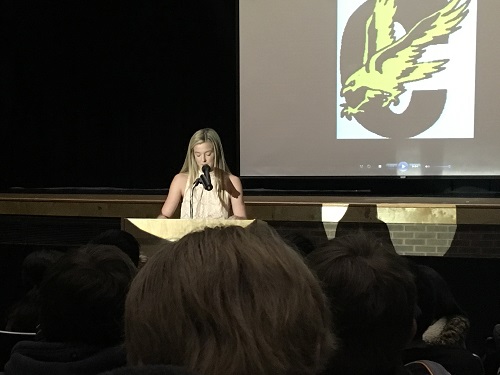 MADISON WALKER TALKS to her peers about what inspires her for Falcon Forum week.