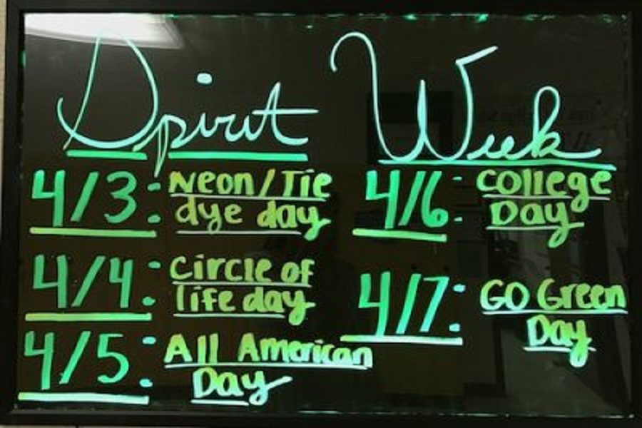 SPIRIT WEEK DAYS shown on the board outside of the SCA room.