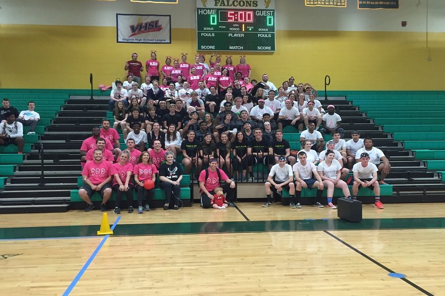 STUDENTS AND STAFF gather after last years Dodge Cancer dodgeball tournament.