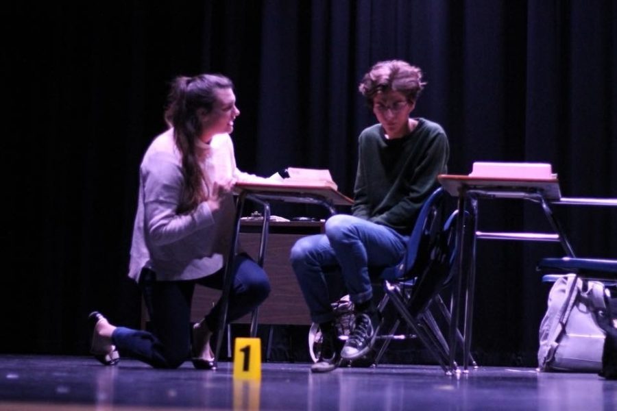SENIOR REBECCA SHERMAN speaks to sophomore Jack Davidson on stage in the Falcon Stage Company one-act play, First Person Shooter.