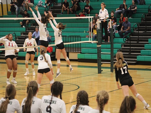 SENIOR MADDIE BUTKOVICH and Erica Hart blocked a line shot during Tuesday's home game against the Salem Sun Devils.