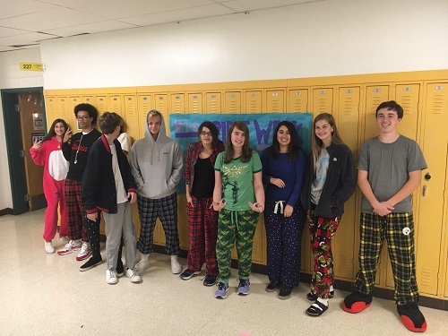 STUDENTS SPORT THEIR pajamas for spirit day. They had anticipated getting to wear pajamas at school. 