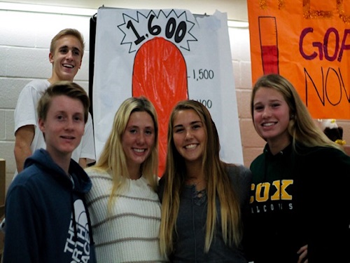 STUDENTS POSE NEXT to the thermometer showing that they have reached their goal of making 1,600 bagged lunches. Students from all grade levels came together to make bagged lunches for the homeless. 