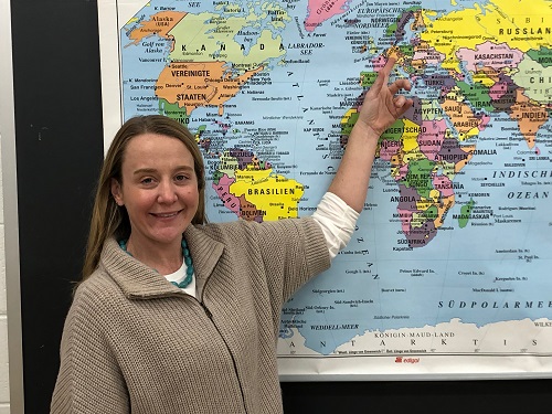 FRAU BERRON SHOWS students where the sister school is located. Shes excited for this opportunity for students to experience a different cultural as a global learning initiative. 