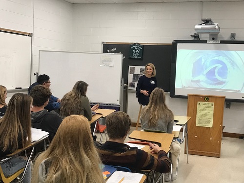 WAVT-TV10 METEOROLOGIST CASEY LEHECKA speaks to Eric Bodensteins Media Studies class about producing news day in and day out.  She also told students that, as a native of Pennsylvania, she is used to snow and was surprised that a few inches of snow shut down the entire area.