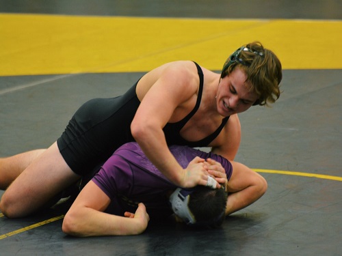 JUNIOR IAN BALIK (160 lbs.) quickly overtook his rival. Balik controlled the mat with his skillful methods.