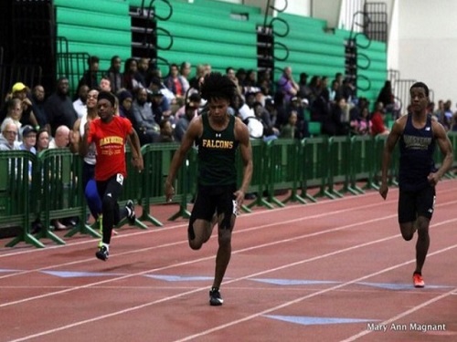 JUNIOR KEONTAE JENKINS wins his heat in the 55m race.  Jenkins finished fifth in the state, receiving All-State honors.