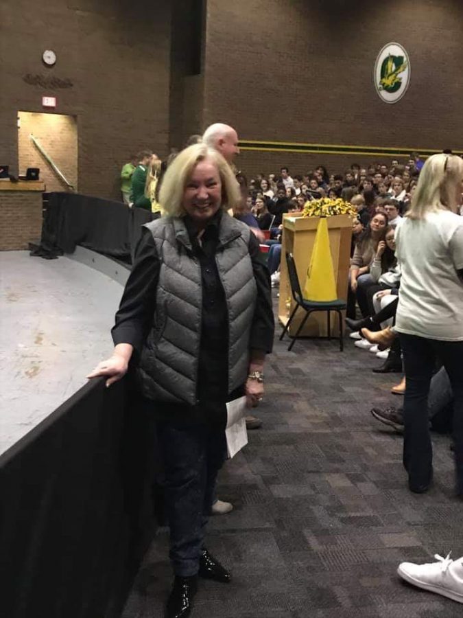 RETIRED TEACHER AND coach, Nancy Fowlkes, visits Cox during the Tradition of Legacy presentation. She was a Cox alumni and and active teacher in the community.