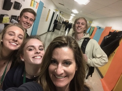 ERIN TONELSON TAKES a selfie before following student, Zoe Hines, to her internship. Zoe was happy to have Ms. Tonelson show her what she does at her internship every day. 