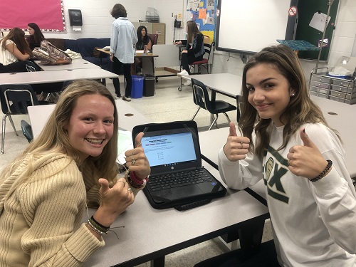JUNIORS EMMA LEWIS and Kaitlyn Piston complete their chemistry SOL prep questions. The chemistry SOL will take place on Wednesday, May 29. 