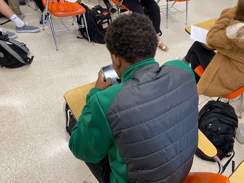 SENIOR KENDALL SPRIGGINS  spends copious amounts of time on his phone scrolling through social media and utilizing SnapChat.  Spriggins does undertand that he must be cognizant of what he posts though as he is in the process of applying to colleges.