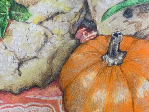 ART STUDENTS DRAW sill-life colored pencil renditions of the foods created by the Catering class. Students in both classes were able to merge their artistic talents using different styles of art.