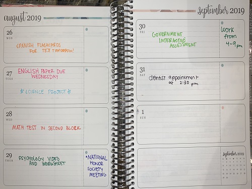 A COLOR CODED agenda displays the homework and events for the week. The agenda was used as a key to keep one student organized and more able to maintain necessary focus.