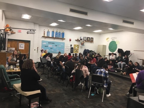 CAST AND CREW of the Falcon Stage Company's spring show "Charlie and the Chocolate Factory" meet to hold their first read through of the script. Student director Jillian Hayes has planned on directing this show since September.