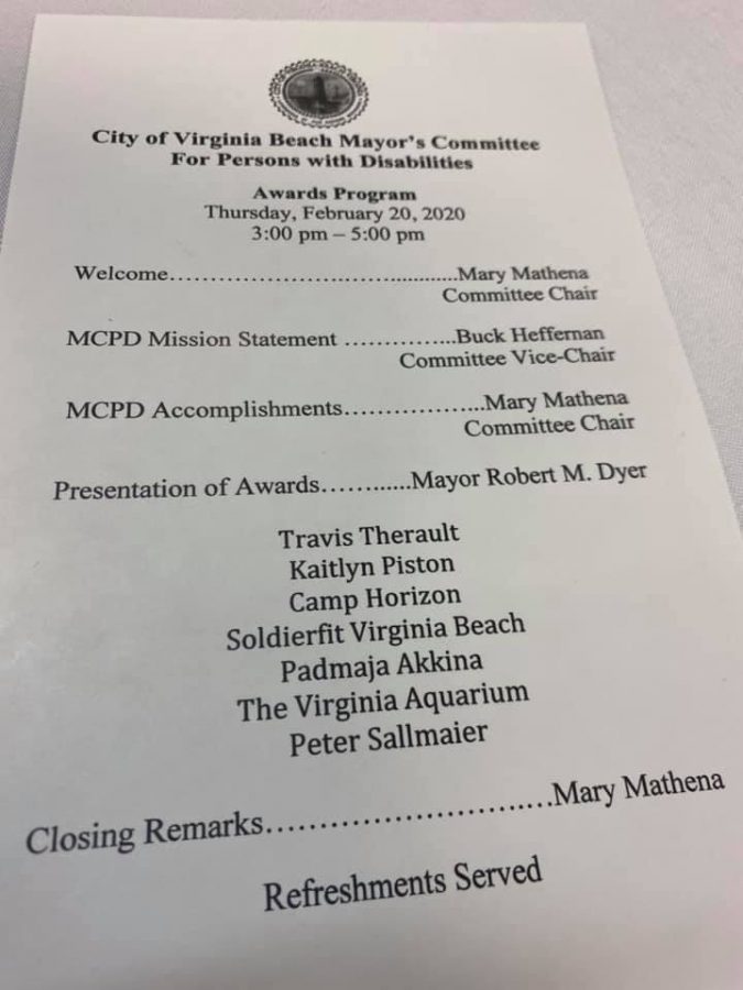 CITY OF VIRGINIA Beach Mayors Committee for Persons with Disabilities recently recently awards senior Kaitlyn Piston with a top honor.