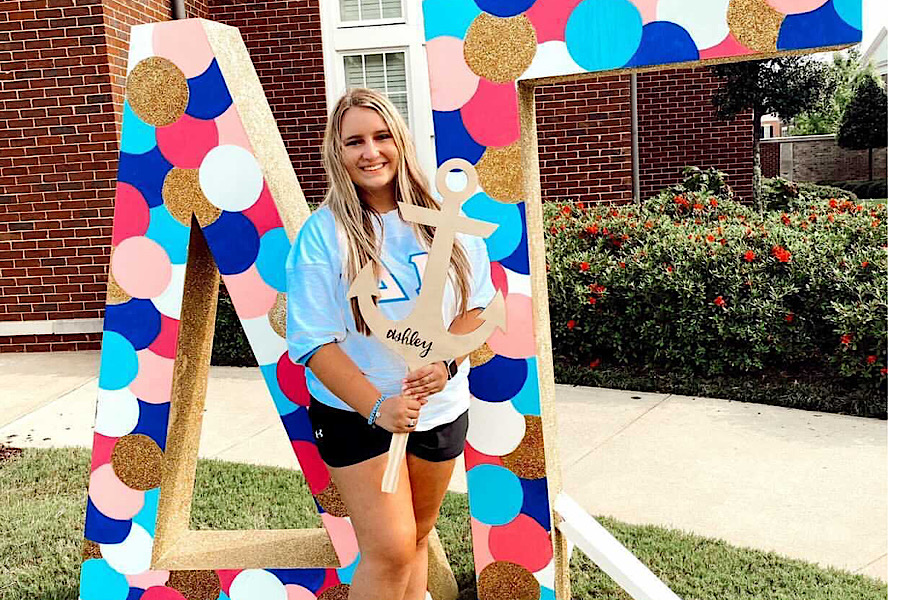 FALCON ALUMNUS ASHLEY McGrath pledges the Delta Gamma sorority at the University of Alabama. McGrath was a part of one of the first pledge classes to participate in online sorority recruitment. 