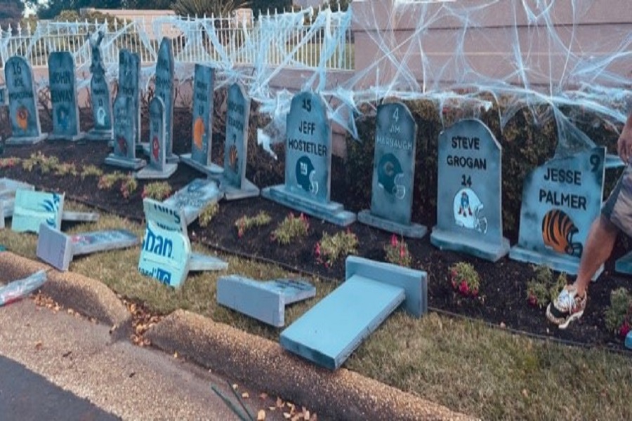 FORMER NFL PLAYER and Virginia Beach resident Bruce Smith takes the idea of a tombstone graveyard and brings it to life.  Local businesses and friends also dedicated their time to create  the Halloween display.