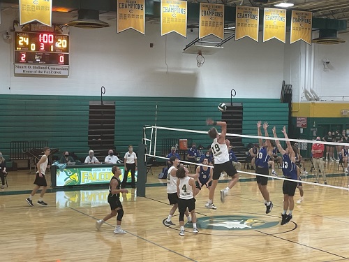 FALCON SENIOR DANIEL Hurley goes in for the kill, keeping the boys varsity Falcons in the lead. Hurley has remained  a key player and teammate both on and off the court. 