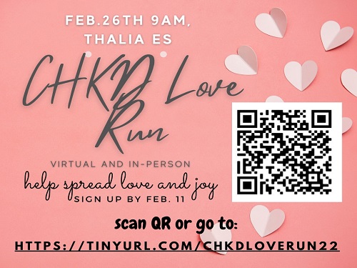 CHKD LOVE RUN registration continues to gain momentum as the event gets closer.  Packets that include a T-shirt, tickets, and other goodies are available for purchase through Friday, Feb. 11.  Anyone interested can still register as it is open through the beginning of the race on Saturday, Feb. 26, at 9 a.m.
