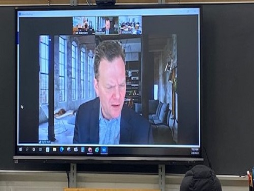 FAMED AND WORLD renowned poet Taylor Mali zoomed into Mr. Bodensteins 9th grade English class this week to discuss his writing career. Bodenstein entered the zoom in class so students had the opportunity to ask questions and recorded the presentation for his other to watch.
