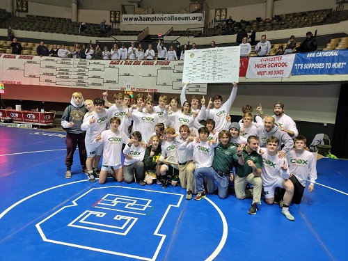 FALCON WRESTLERS CELEBRATE their win at the annual Virginia Duals competition that highlights the best wrestlers in the state of Virginia. wrestling team celebrates their victory in the Virginia Duals wrestling tournament. Senior Colin Bridges, a former state champion, was one of several wrestlers who placed first in their weight class. 