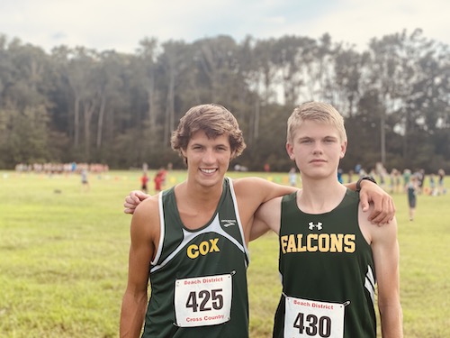 SENIOR OWEN COMEYNE and junior Rex Lemmon compete at Kellam High School. The boys are top relay scorers for the Falcons. 