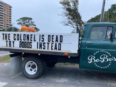 BOBOS FINE CHICKEN provides southern-style lunch and dinner type food for locals and tourists alike. The restaurant has a truck that sits outside along side the building that says  The Colonel Is Dead Try Bobos Instead.