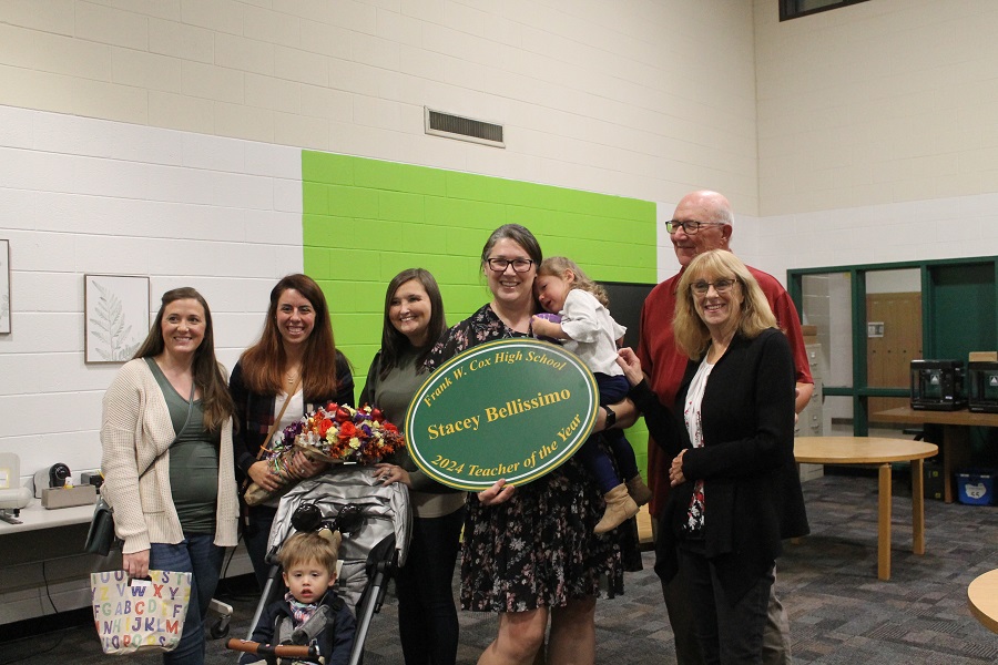 MRS BELLISSIMO EARNS the newest Teacher of the Year award for next school year.  She did not expect to receive the honor and became overwhelmed when she saw her friends and family there to surprise her.