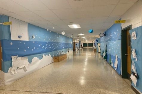 THE FRESHMAN CLASS designs an Arctic/Tundra themed hallway for their first ever Homecoming as a Falcon. These ninth graders are brand new and have never experienced hallway decorating, their artwork and designs showed Class spirit. 