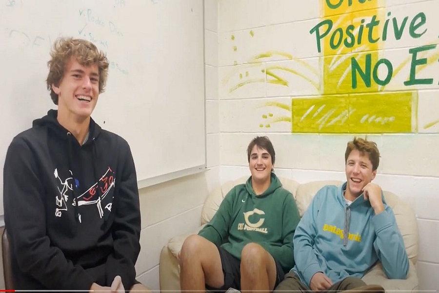 SENIORS MICHAEL HILLIER (left to right), Joe McGowan, and Parker Tillery bring back the Falcon Press vodcast, a weekly video series that depicts bits and pieces a=of upcoming events.  The three seniors add a humorous twist to the mundane.