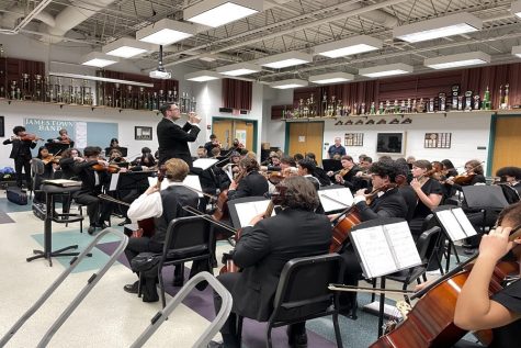 FALCON ORCHESTRA MEMBERS rehearse for their upcoming performances led by director Mr. Fields. Orchestra will have the opportunity to perform at Carnegie Hall in New York in the spring.