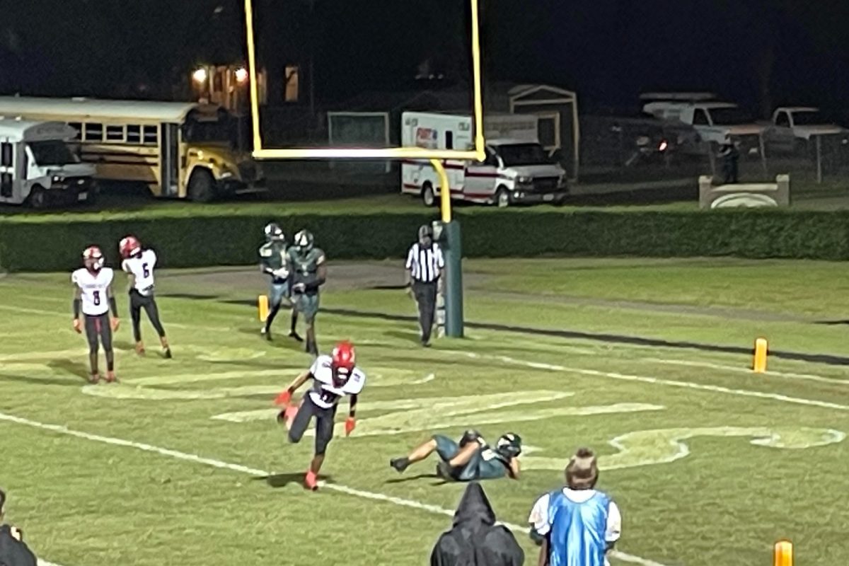 JUNIOR WIDE RECEIVER Carter Rodriguez catches the game-winning touchdown. Rodriguezs touchdown led to a serious morale boost for the Falcons., which ultimately led them to victory.