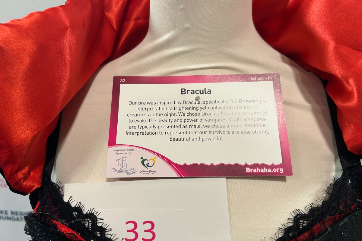 MRS. VAN VEENHUYZEN and her National Art Honor Society (NAHS) students participate, as they do every year,  in the annual Bra-ha-ha Awards Show and Auction on Friday, October 13. As NAHS was tasked with making a bra based on a pun, the idea of making a Dracula-inspired bra came alive. 